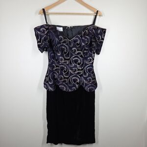 Vtg 80s Velvet Off Shoulder Cocktail Dress Purple Blue Gold Feather Pattern 7 8